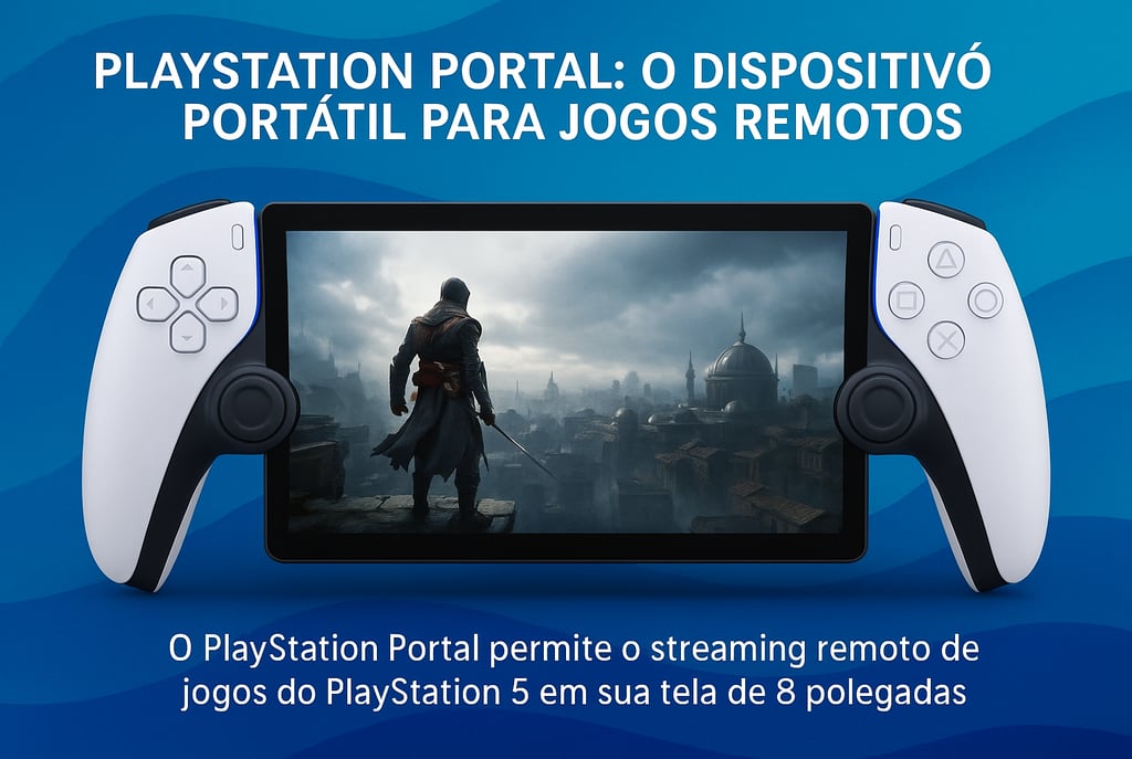 Console PlayStation Portal com imagem de jogo medieval em tela widescreen.
