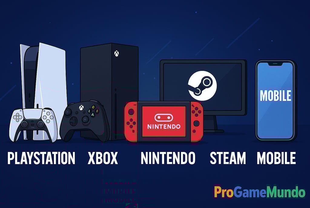 Consoles e dispositivos representando PlayStation, Xbox, Nintendo, Steam e Mobile.