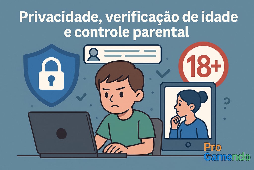 Infográfico horizontal com símbolos de privacidade, verificação de idade e controle parental em jogo