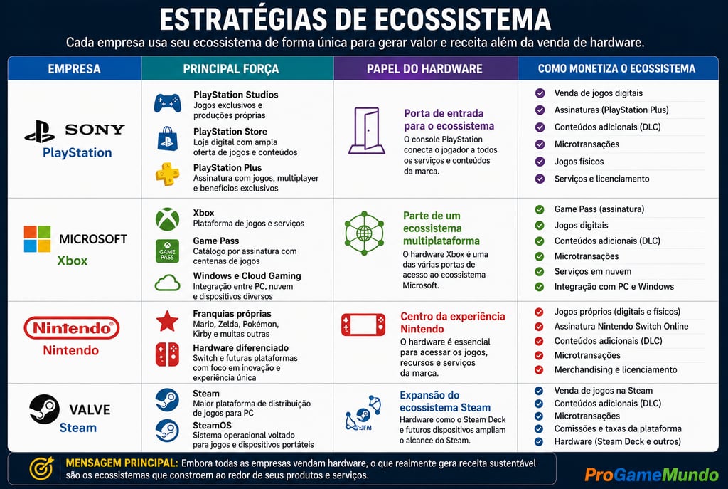 Quadro compara estratégias de ecossistema de Sony, Microsoft, Nintendo e Valve