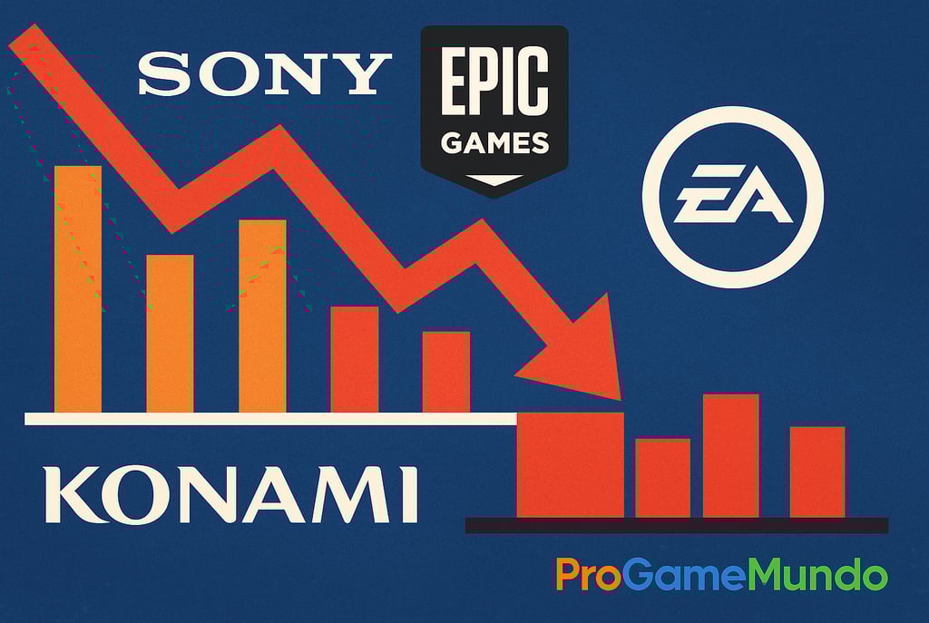Logotipos de empresas de games em frente a gráfico de queda sobre a lei das loot boxes.