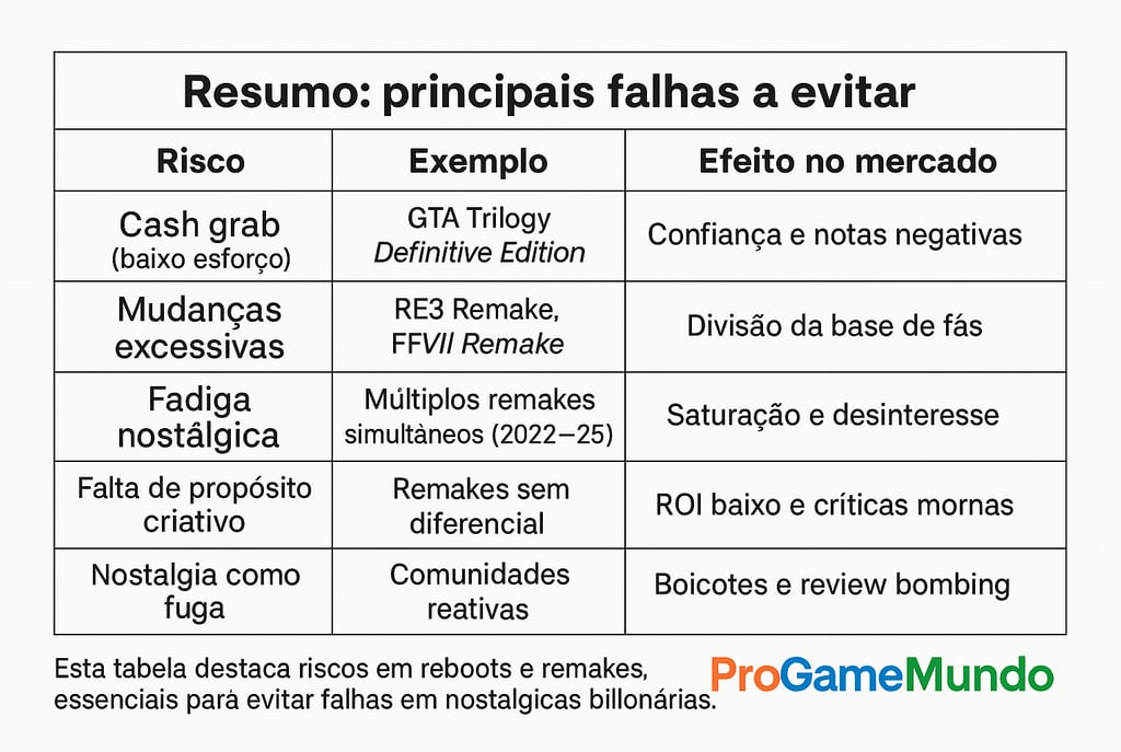 Tabela destacando principais falhas e riscos em remakes e reboots de jogos.