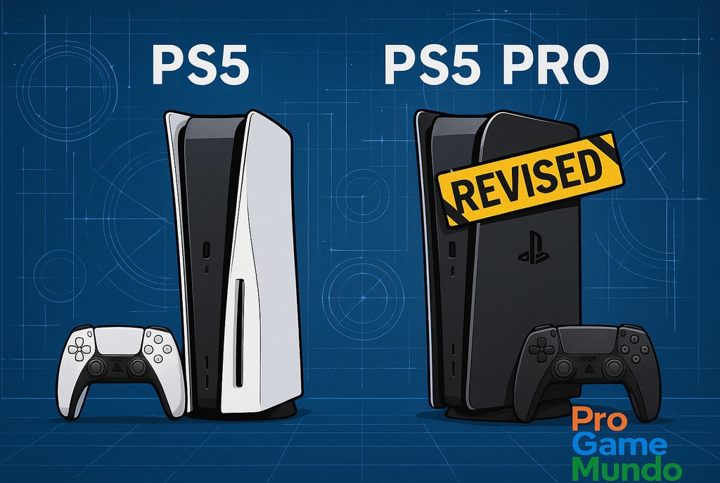 PS5 padrão ao lado de PS5 Pro revisado com selo técnico.