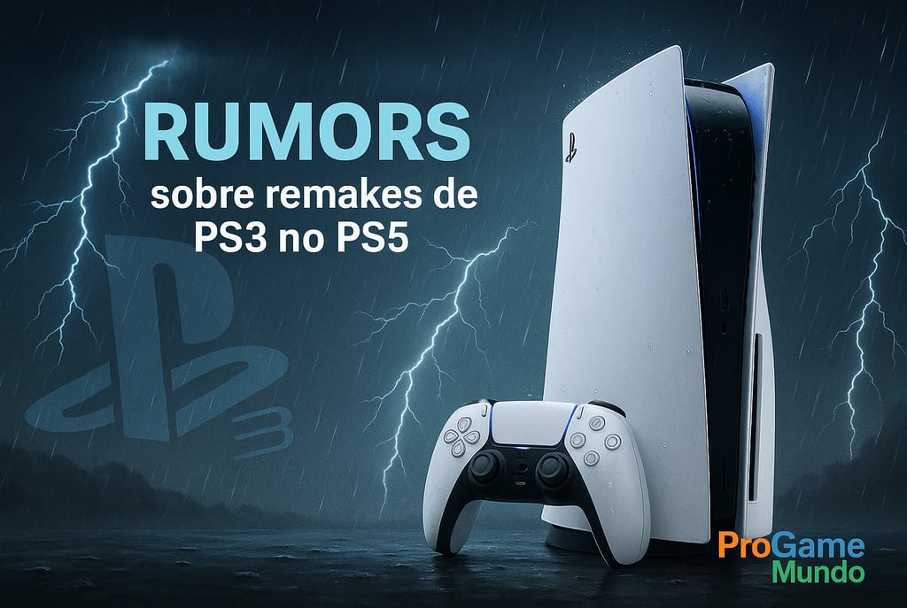 PS5 iluminado sob tempestade com logo do PS3 ao fundo.
