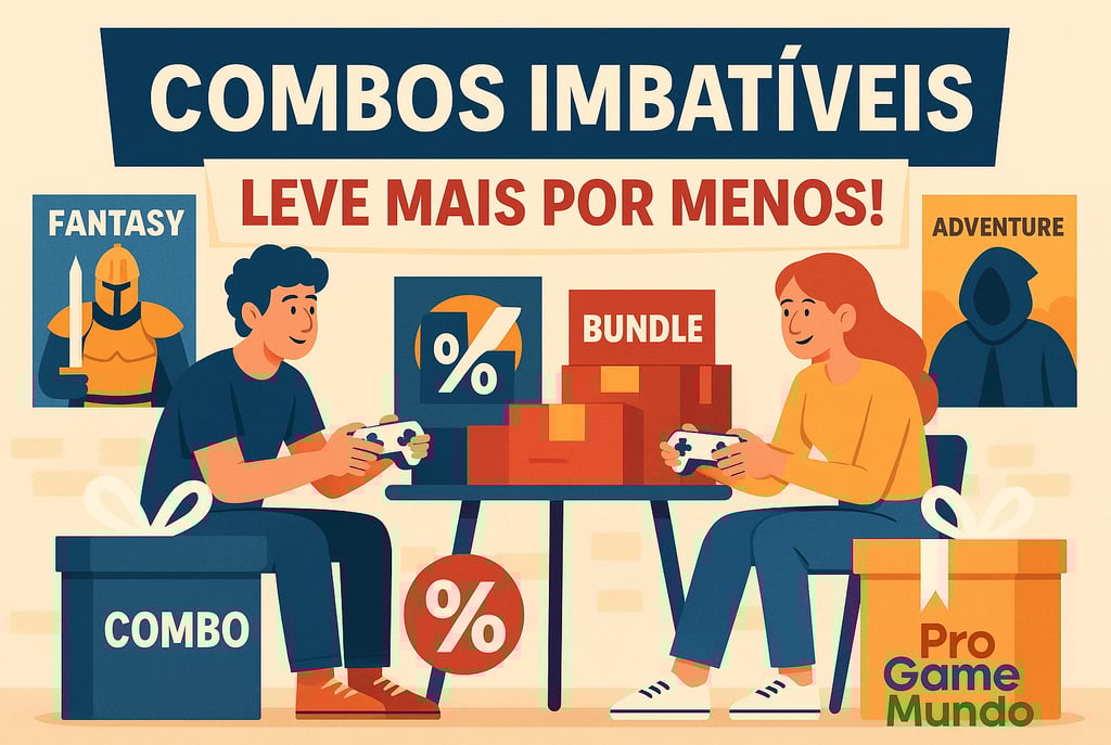 Gamers sorridentes descobrem um pacote promocional com dois jogos, em cenário vibrante de loja