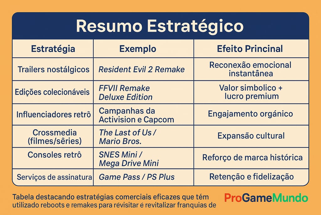 Tabela com estratégias comerciais e exemplos de remakes e reboots de sucesso no mercado gamer.