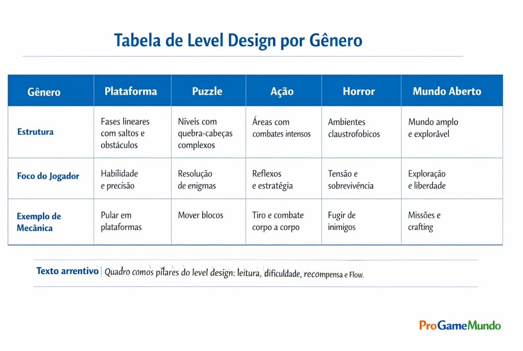 Tabela comparando level design em plataforma, puzzle, ação, horror e mundo aberto.