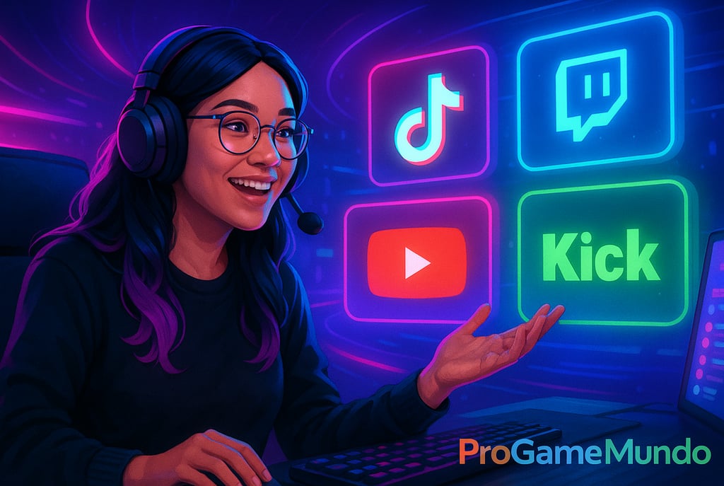 Streamer brasileira cercada por ícones luminosos de plataformas digitais