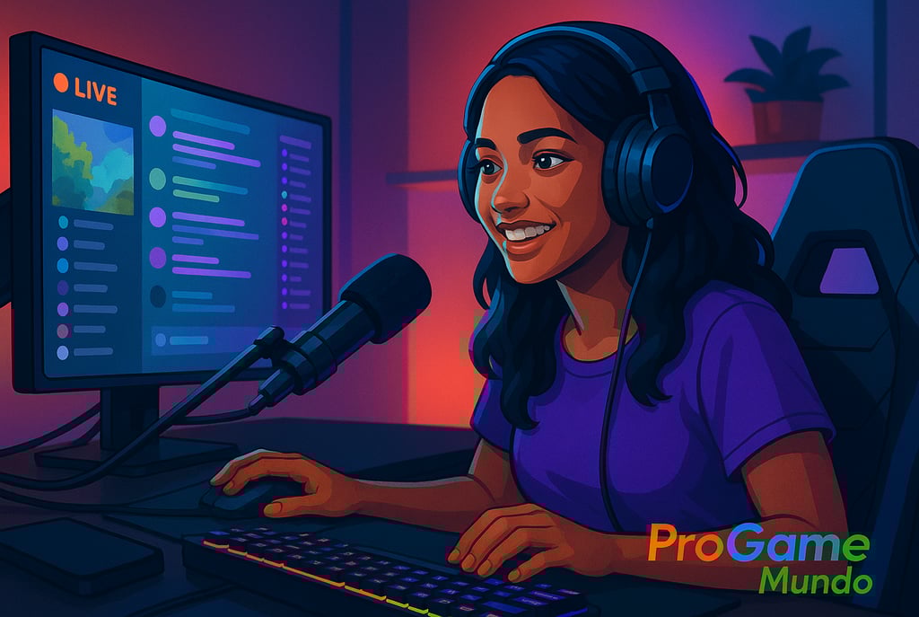 Gamer brasileira transmitindo ao vivo em setup iluminado por LEDs representando influenciadores game