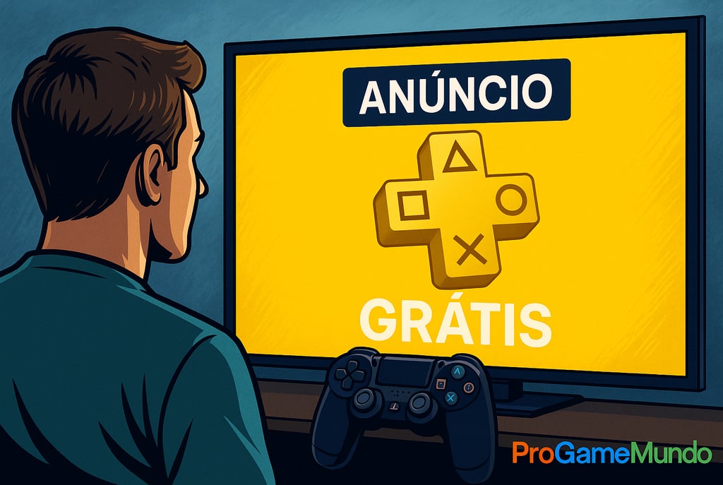 Jogador vendo na TV um anúncio da PS Plus gratuita com o logotipo amarelo da PlayStation Plus.