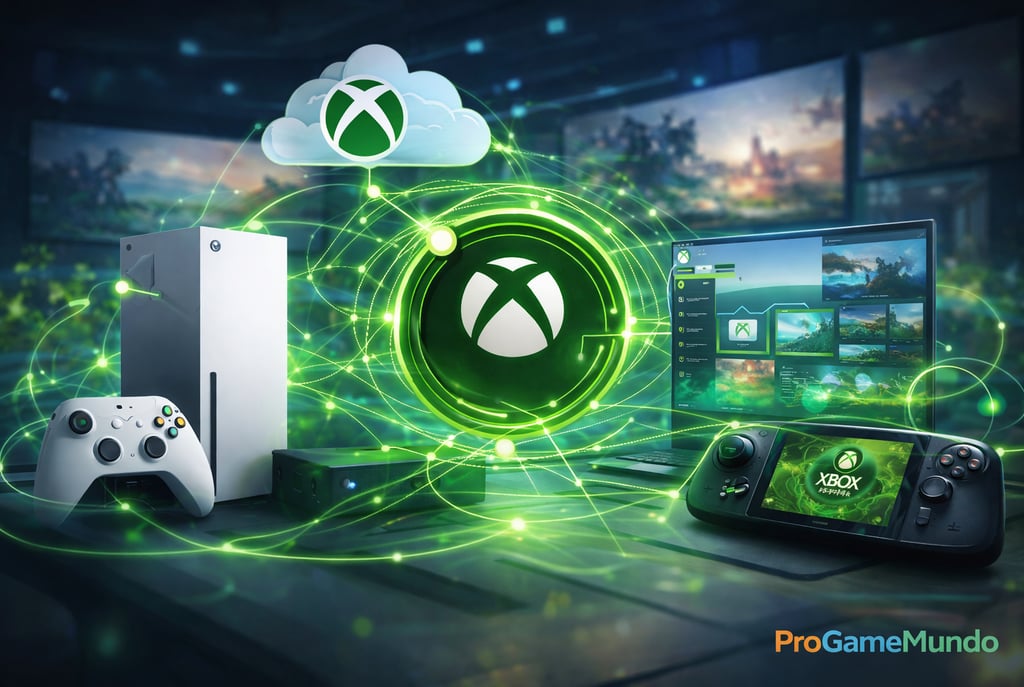 Ilustração do ecossistema Xbox com console, PC, nuvem e portátil conectados.