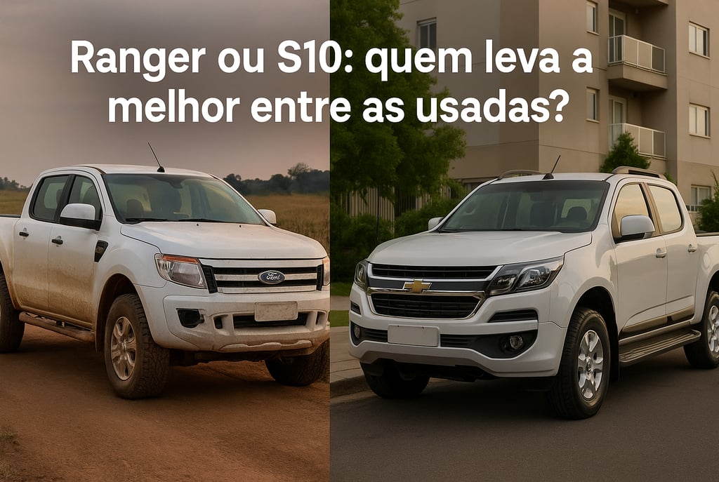 Ford Ranger e Chevrolet S10 usadas lado a lado, comparadas em ambientes rural e urbano, destacando s