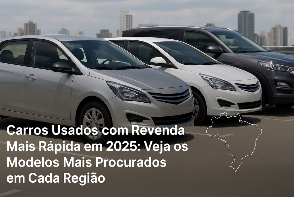 Três carros usados estacionados em um terraço urbano, representando os modelos hatch, sedan e SUV, c