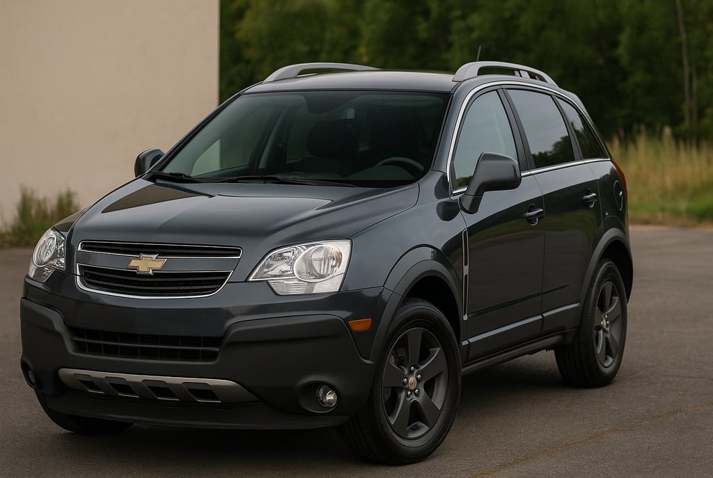 Chevrolet Captiva pré-facelift em cor cinza escuro vista de frente em ambiente externo.