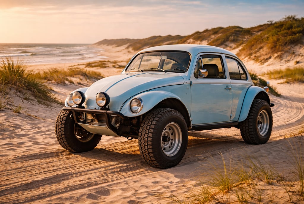 Fusca Baja modificado para trilha em dunas de praia, com visual retrô dos anos 60 e pneus off-road.