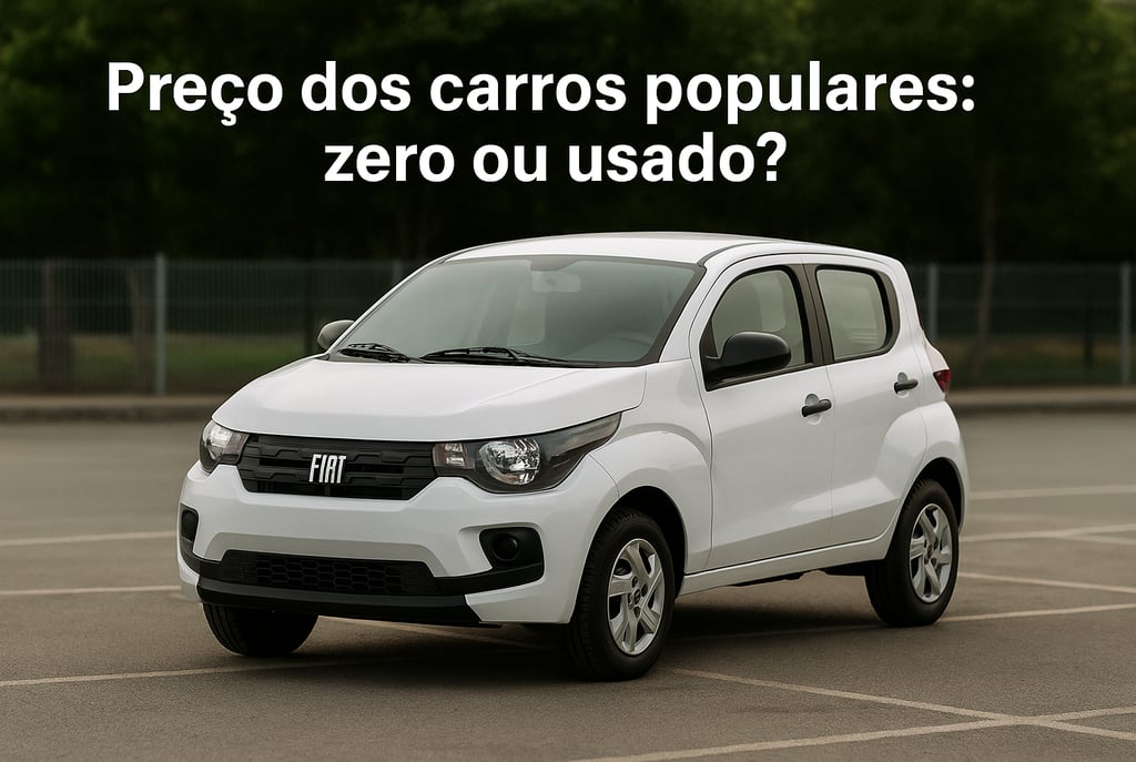 Fiat Mobi branco estacionado em área aberta, com a frase Preço dos carros populares: zero ou usado?