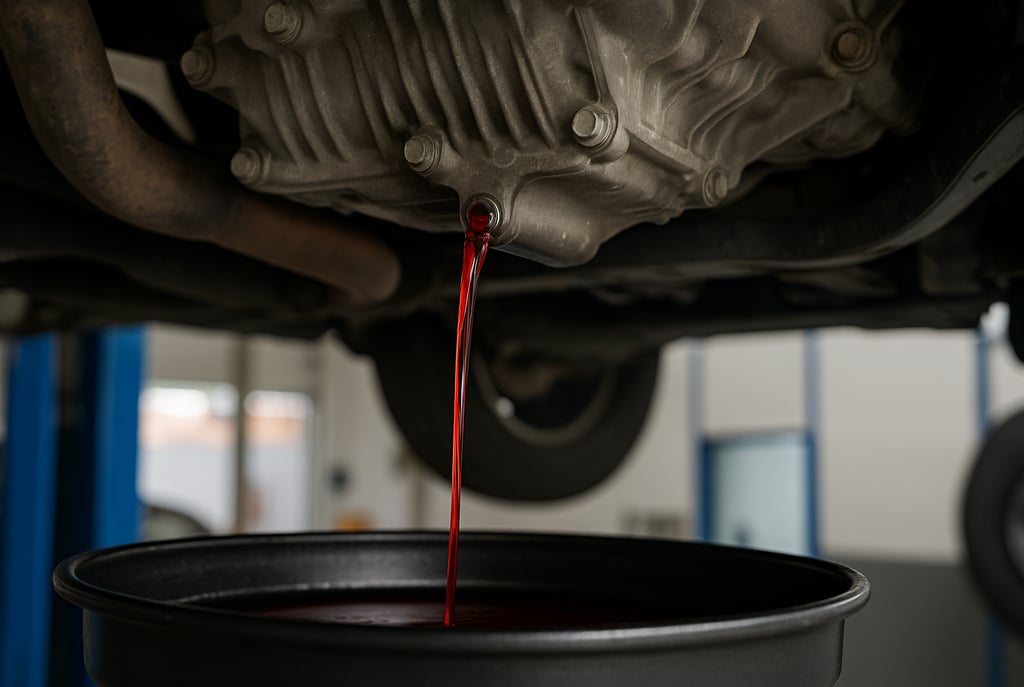 Fluido vermelho de câmbio automático sendo drenado debaixo de um carro durante troca de óleo