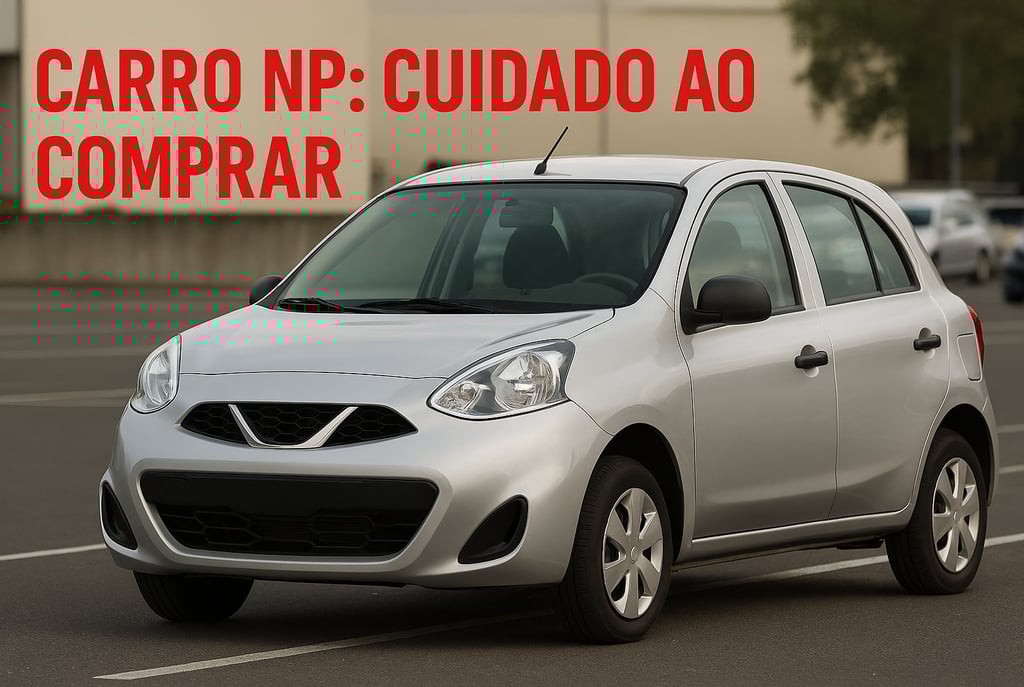 Carro popular prata estacionado em rua, com a frase Carro NP: cuidado ao comprar no topo da imagem