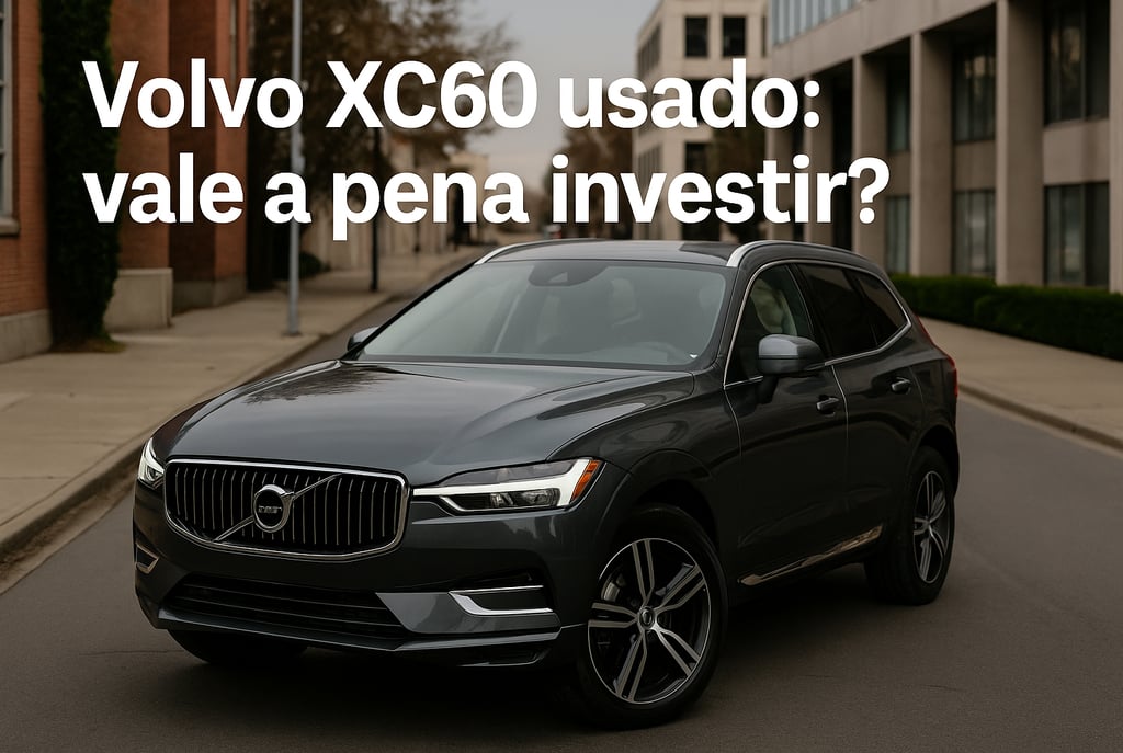 Volvo XC60 usado, modelo recente em ângulo três quartos dianteiro, estacionado em rua urbana limpa