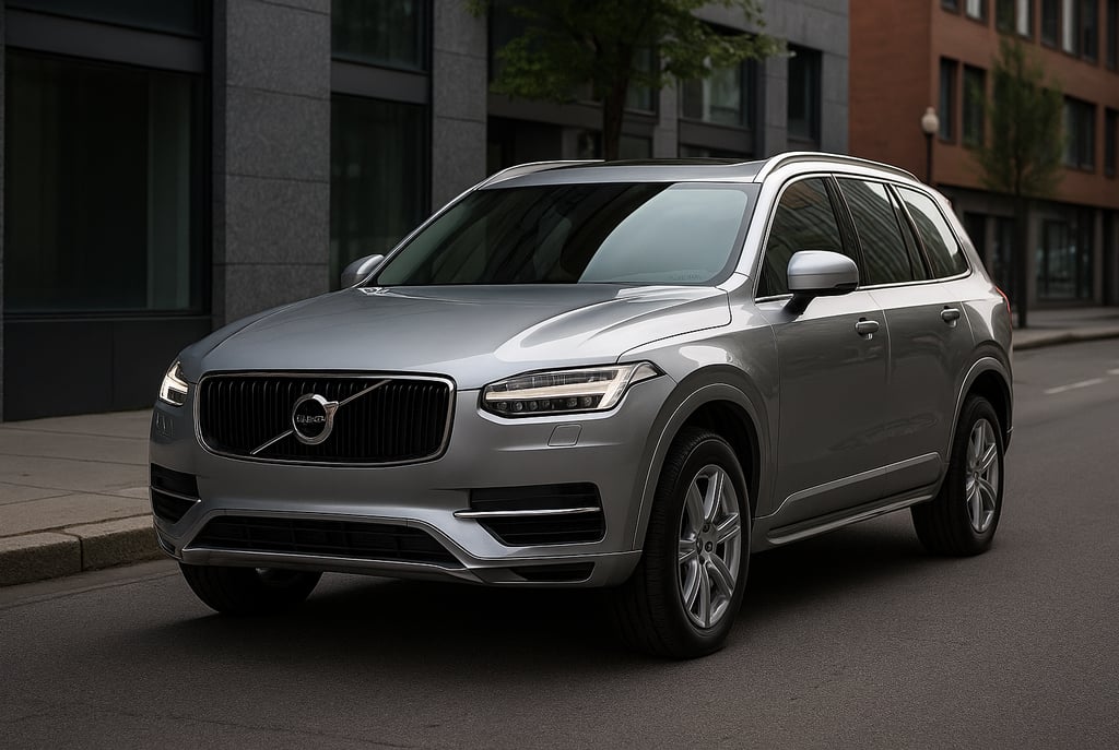 Volvo XC90 prata estacionado em rua urbana, destaque para design frontal e grade cromada