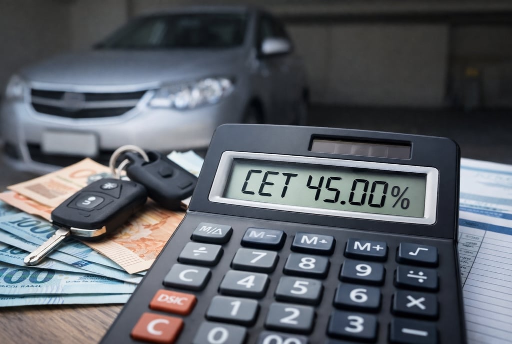 Calculadora exibindo CET de 45% ao lado de chave de carro, dinheiro e veículo ao fundo