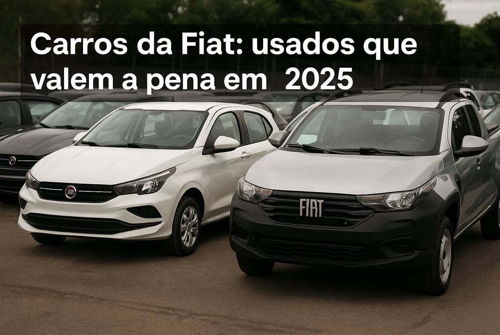 Carros Fiat usados alinhados em pátio, destaque para Argo, Cronos e Strada, prontos para venda
