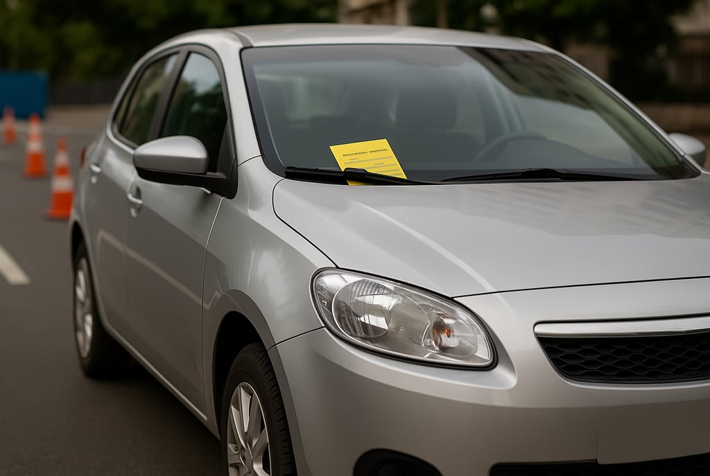 Carro prateado estacionado com notificação de multa presa no para-brisa