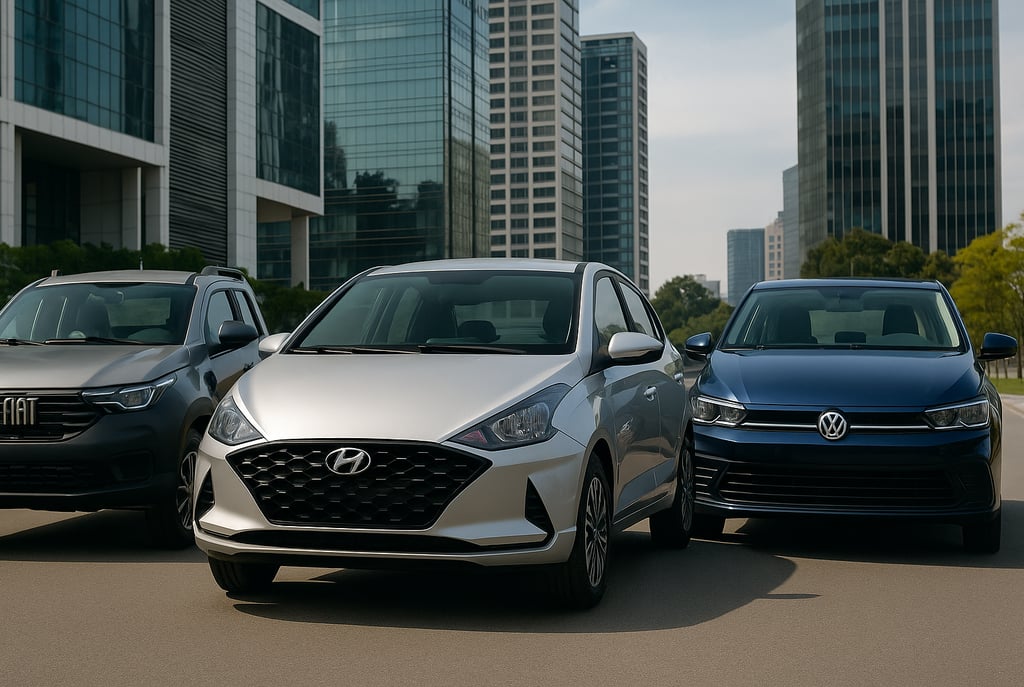 Fiat Strada, Hyundai HB20 e Volkswagen Polo lado a lado em ambiente urbano, representando os carros 