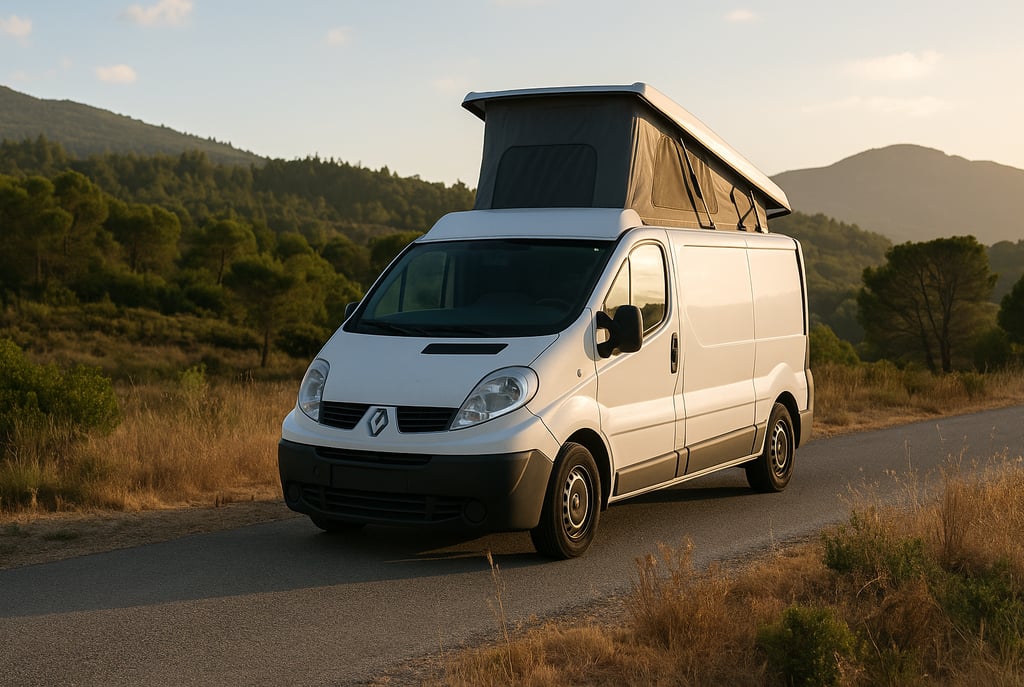 Van Renault Master usada adaptada como camper estacionada em estrada com montanhas ao fundo