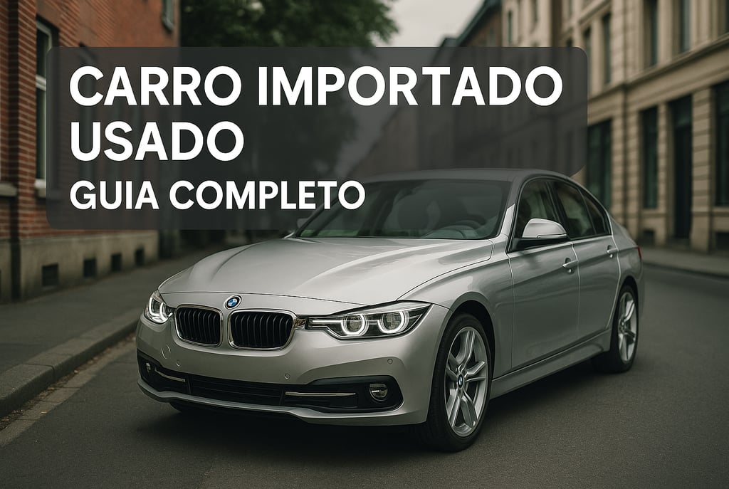 Carro importado usado estacionado em rua urbana com frase em destaque na imagem