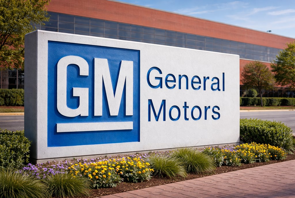 Fachada corporativa da General Motors com logotipo GM em destaque na sede industrial da General Moto