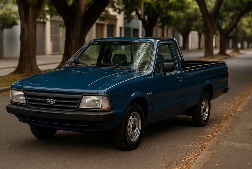 Ford Pampa azul clássica dos anos 90 estacionada em avenida arborizada, vista frontal lateral.
