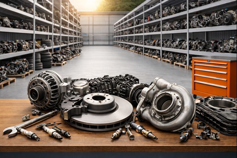 Ferro-velho organizado com peças automotivas usadas limpas sobre bancada em ambiente claro e profiss