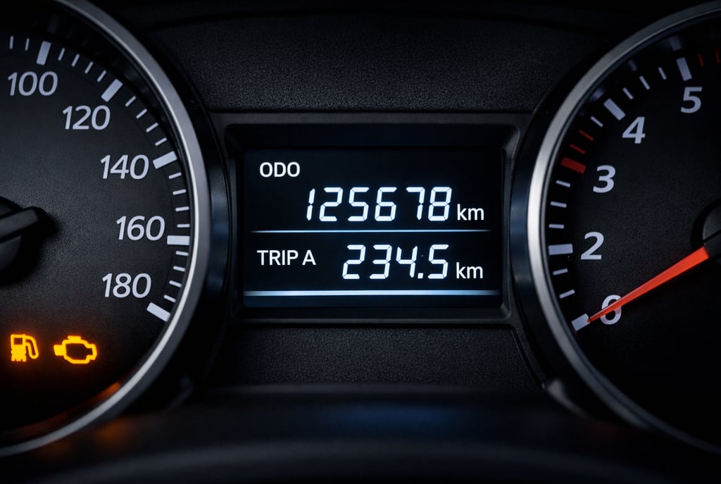 Hodômetro o que é: painel de carro com marcador digital exibindo quilometragem total e parcial.