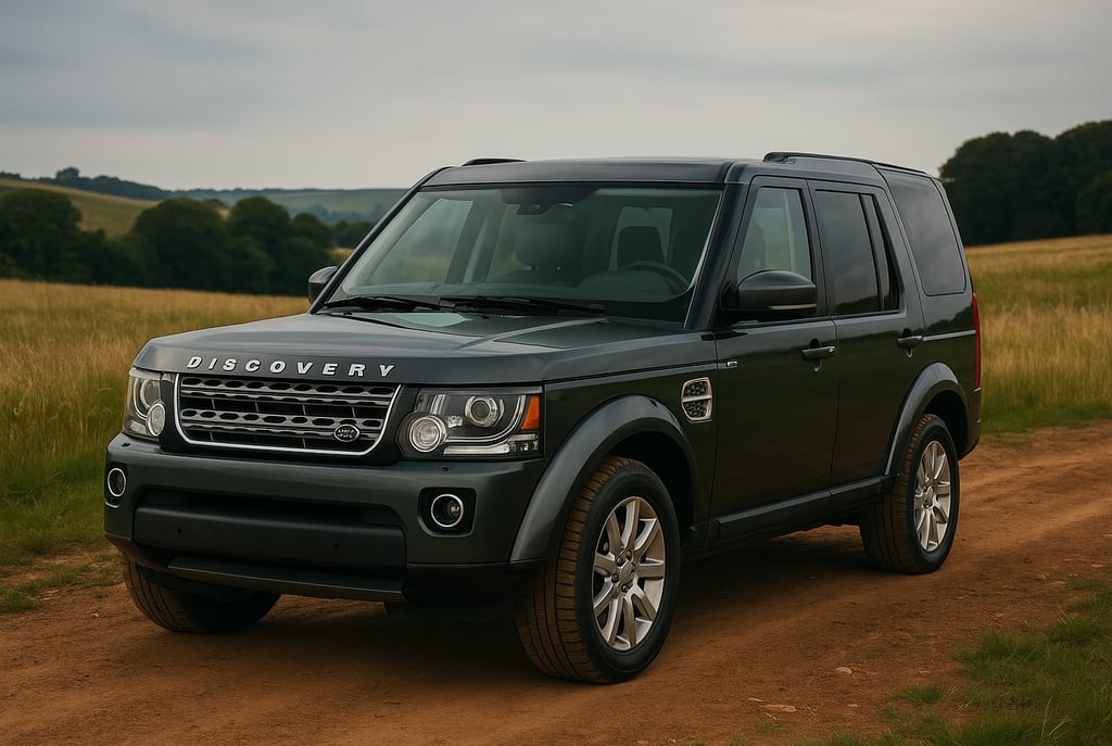 Land Rover Discovery cinza usado estacionado em estrada de terra em meio a campo aberto