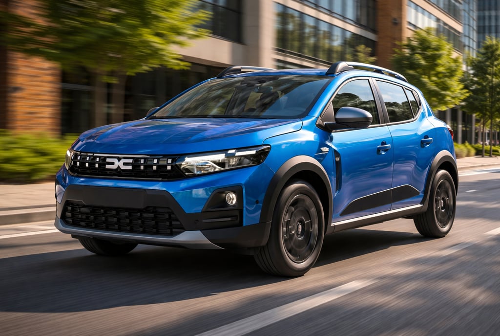 Novo Sandero Stepway 2026 em versão híbrida, na cor azul, visto em ângulo frontal