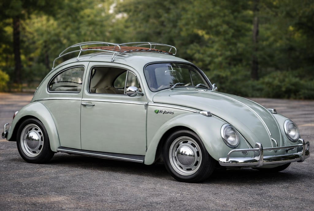 Transformar carro a combustão em elétrico: Fusca clássico híbrido visto de lado