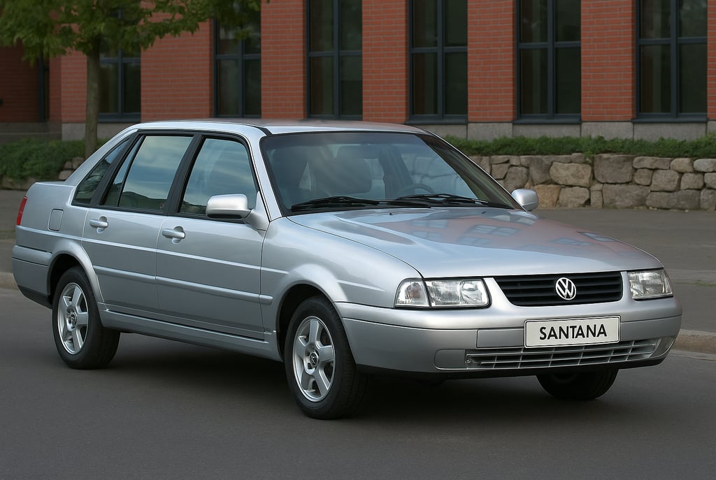 Volkswagen Santana prata dos anos 2000 estacionado em área urbana, visto de frente e lateral.