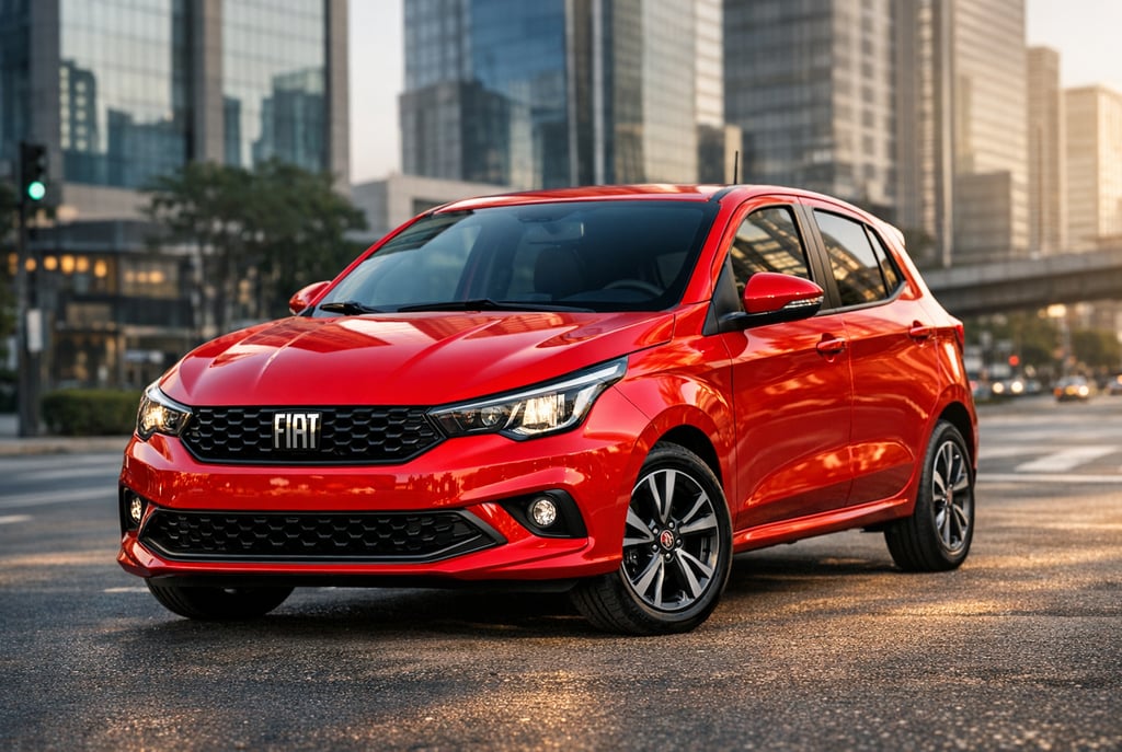 Fiat Argo 2026 vermelho destaque frontal em cenário urbano moderno no Brasil