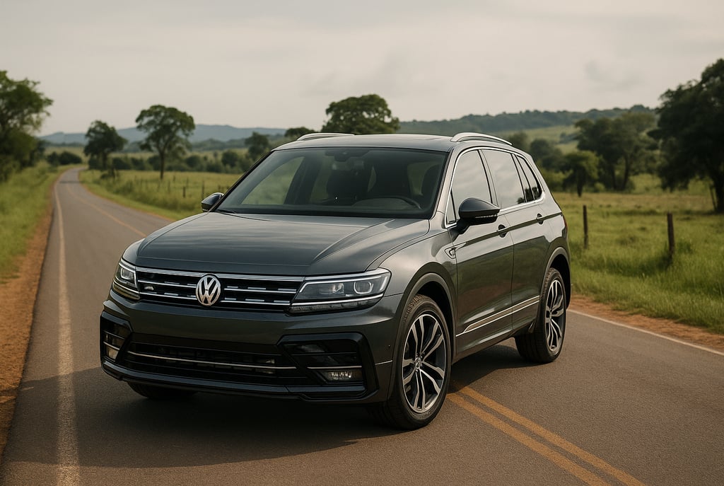 Volkswagen Tiguan R-Line 2.0 TSI em estrada de campo pavimentada com vegetação e céu nublado ao fund