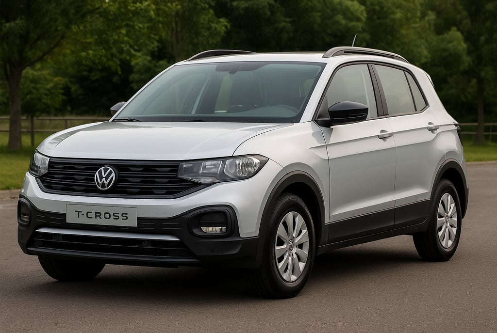 Volkswagen T-Cross Sense 2025 branco com calotas simples em cenário urbano brasileiro, estilo realis