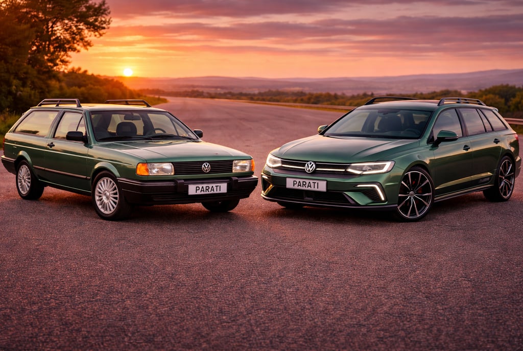 VW Parati antiga e VW Parati conceito 2026 posicionadas frente a frente em ângulo 3/4 frontal
