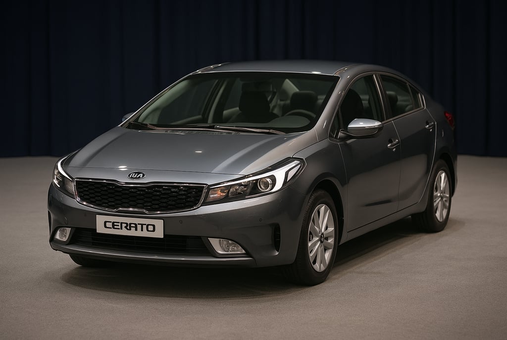 Kia Cerato 2017 cinza em exposição de carros, com iluminação de showroom e fundo escuro elegante.