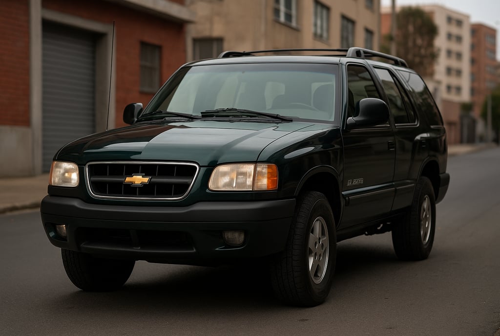 Chevrolet Blazer prata dos anos 2000 estacionada em área urbana, vista de frente e lateral.