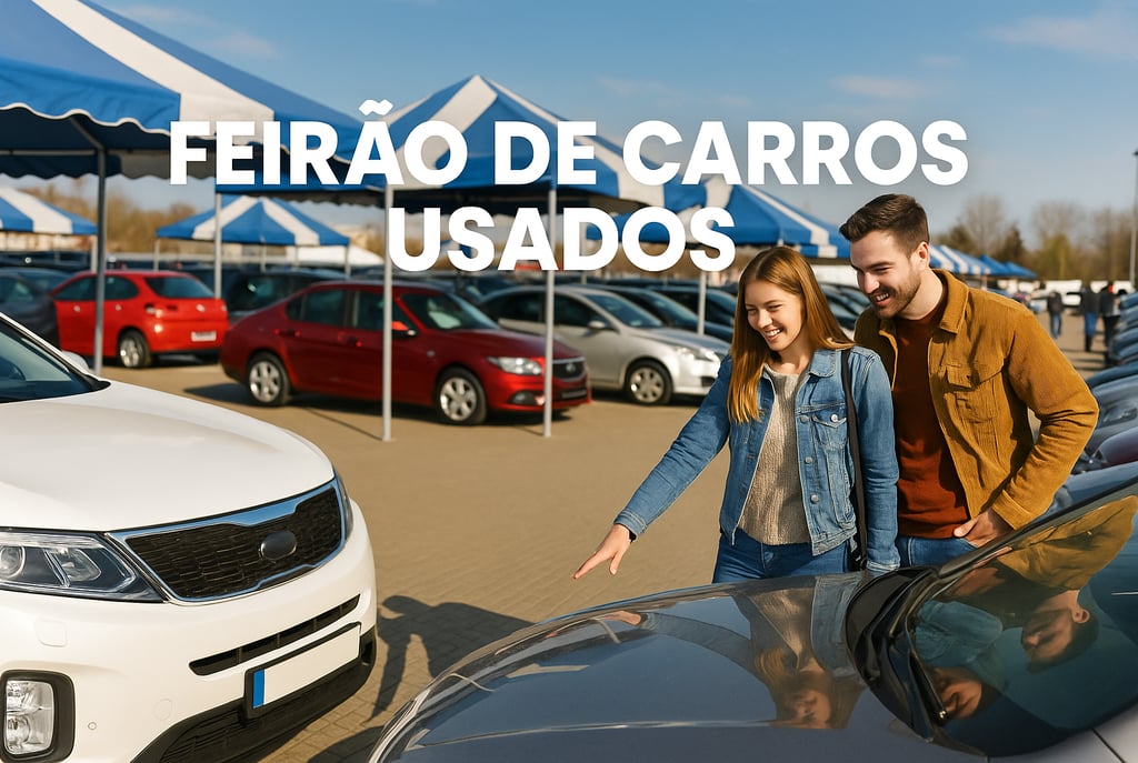 Casal avaliando carro em feirão de usados ao ar livre com várias opções de veículos expostos
