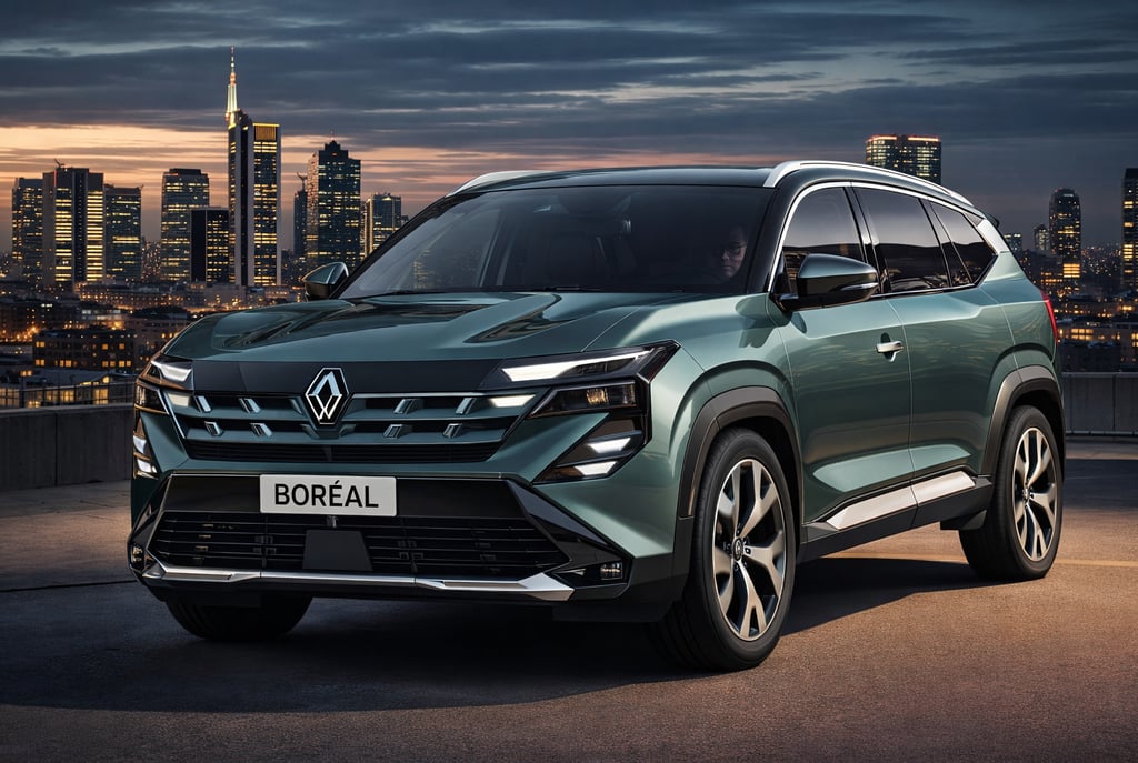 Renault Boreal SUV médio em nova cor verde metálica com fundo urbano noturno