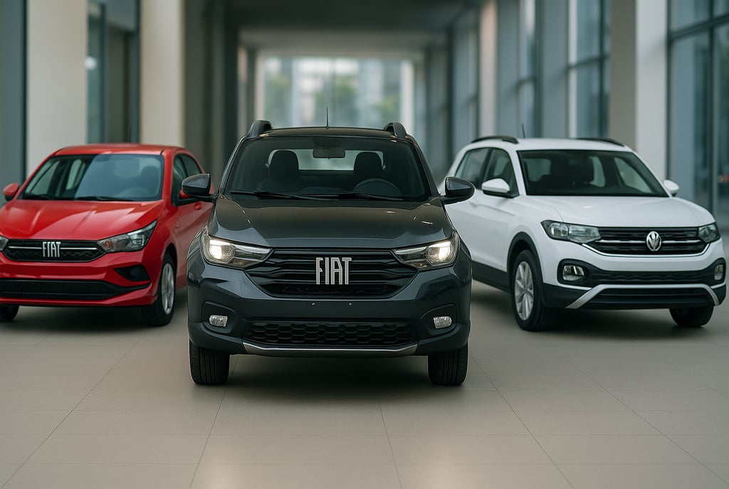Fiat Strada, Fiat Argo e Volkswagen T-Cross lado a lado em showroom moderno, totalmente visíveis.