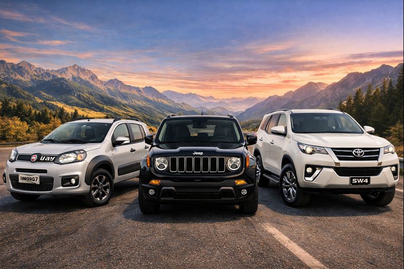 Carros altos lado a lado: Fiat Uno Way, Jeep Renegade e Toyota SW4 em estrada de montanha