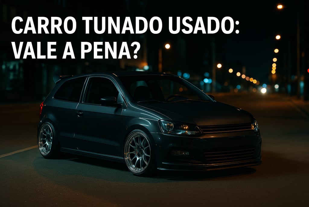 Carro tunado usado preto, rebaixado e com rodas esportivas em rua iluminada à noite