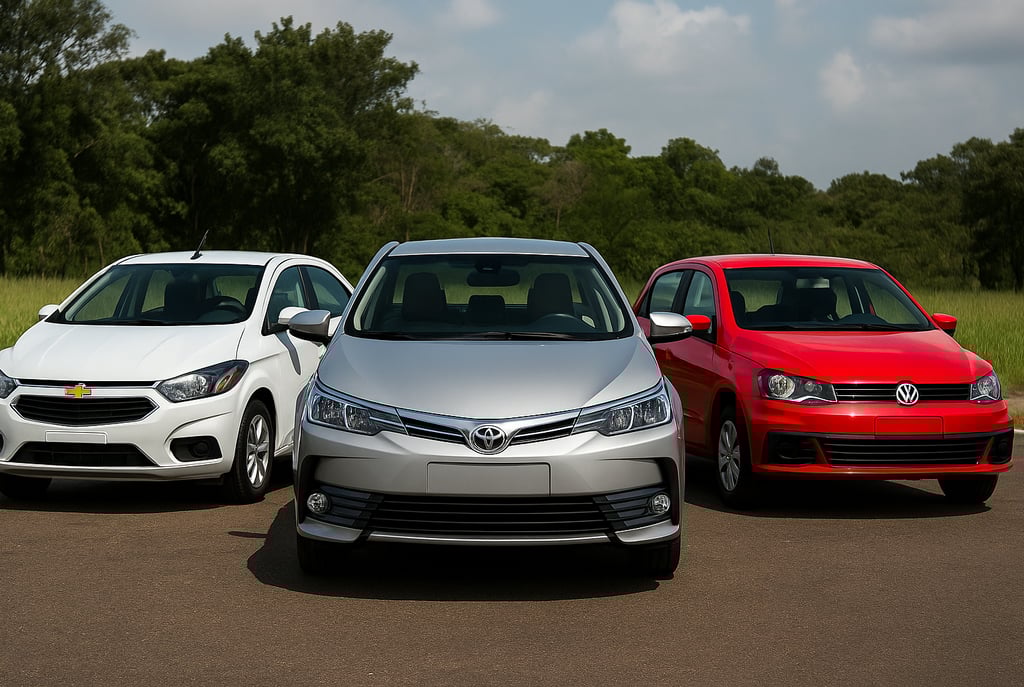 Três carros usados populares — Toyota Corolla, Volkswagen Gol e Chevrolet Onix — estacionados lado a